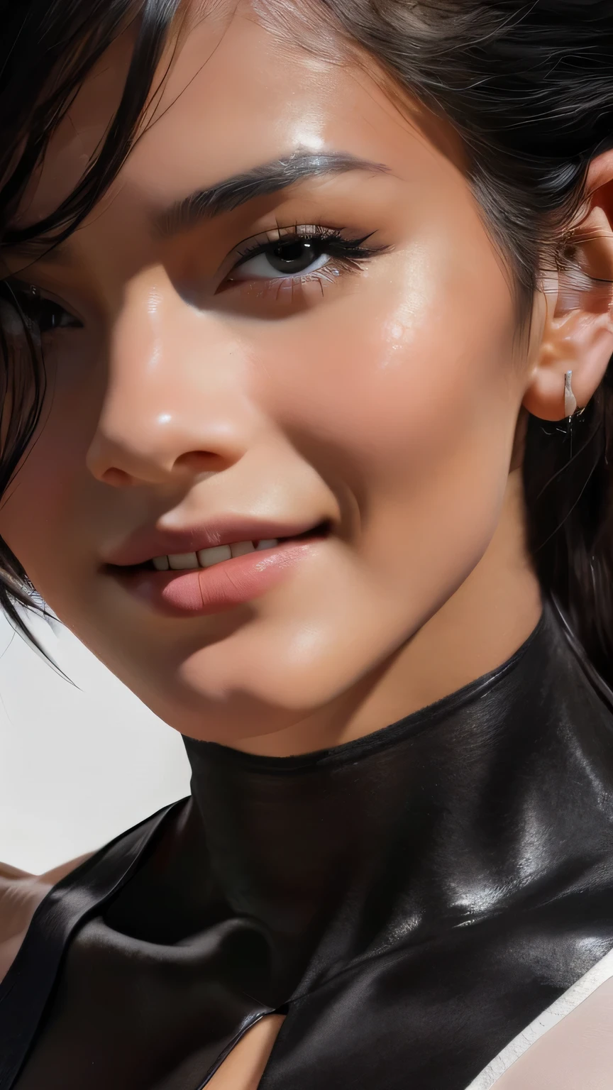 (((Face close-up))), {masterpiece},{最high quality},{One girl}, cute, wonderful, Beautiful attention to detail, Iris, short hair, Black Hair,In detail,Depth of written boundary,Highly detailed CG,original, Highly detailed wallpaper,Upper Body, View your viewers, Beautiful Hairstyles、Detailed face、Exposed breasts、Cleavage、(Big Tits, Hard nipples)、Toned Abs, White skin, Realistic、(Cinema Lighting)、Detail emphasis, Beautiful lighting、Sharp focus. Incredibly stupid, It seems ridiculous.., (((Black and white leotard))), In a dark cave、Inside a realistic cave、masterpiece, 最high quality, high quality, High resolution、(((Face close-up))), Face close-up, smile
