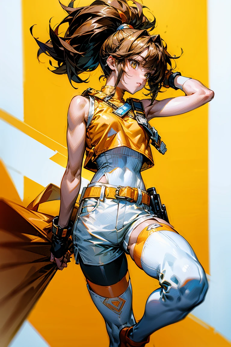 A captivating anime scene featuring a middle-aged woman with fair skin, dark hair styled in a high ponytail with striking yellow bangs. She dons an eye-catching ensemble: an orange and white outfit consisting of a sleeveless crop top, shorts, a white belt with a yellow strap, thigh-high socks, and white shoes with orange accents. Her attire is completed by brown leather-style fingerless gloves and an orange wristband. She carries an orange bag with yellow straps slung over her right shoulder and wields a futuristic white gun in her left hand. Notably, she sports a white legging on her left leg that seamlessly blends with her shorts, creating a unique and stylish look.