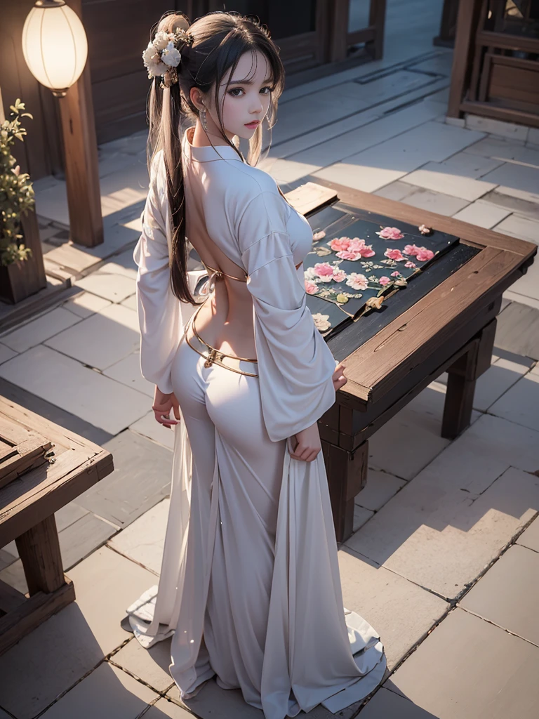 ((best quality)),((excellent quality, 8K, master piece: 1.5)), The pubic area is clear: 1.4, perfect body beauty: 1.4, sexy hanfu clothes,sexy hanfu clothes,I can see your pants,gray hair,wet skin, sleeping in bed,back stance,pointed ass,round butt,pointed ass,Raise your ass,film texture,
