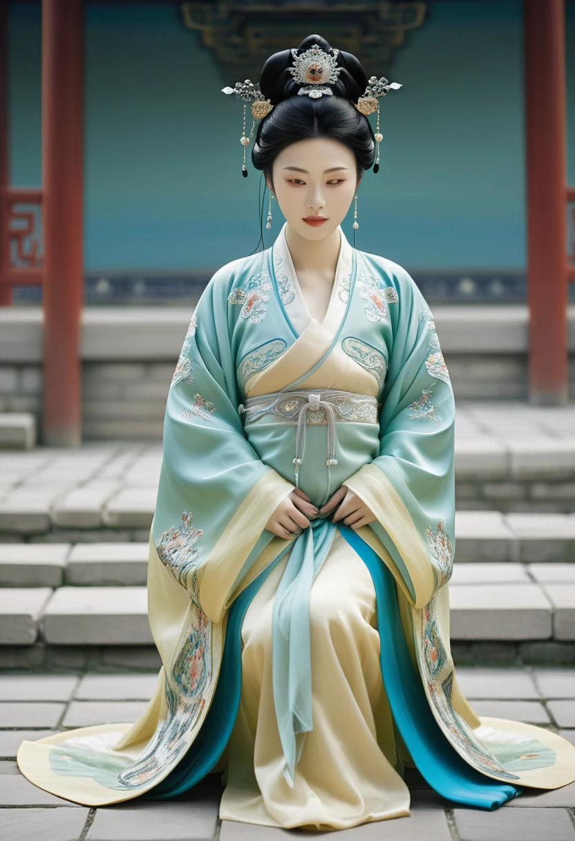 A woman seen from the front, facing forward as if urinating on the ground, legs apart. A Chinese empress wearing a large crown, exposing her abdomen, thighs and feet.。She is wearing no underwear, and her large breasts are exposed, right down to her bare stomach. Her hair is tied up and pulled up, and the background is the stone pavement of the Chinese palace of the Qing Dynasty.