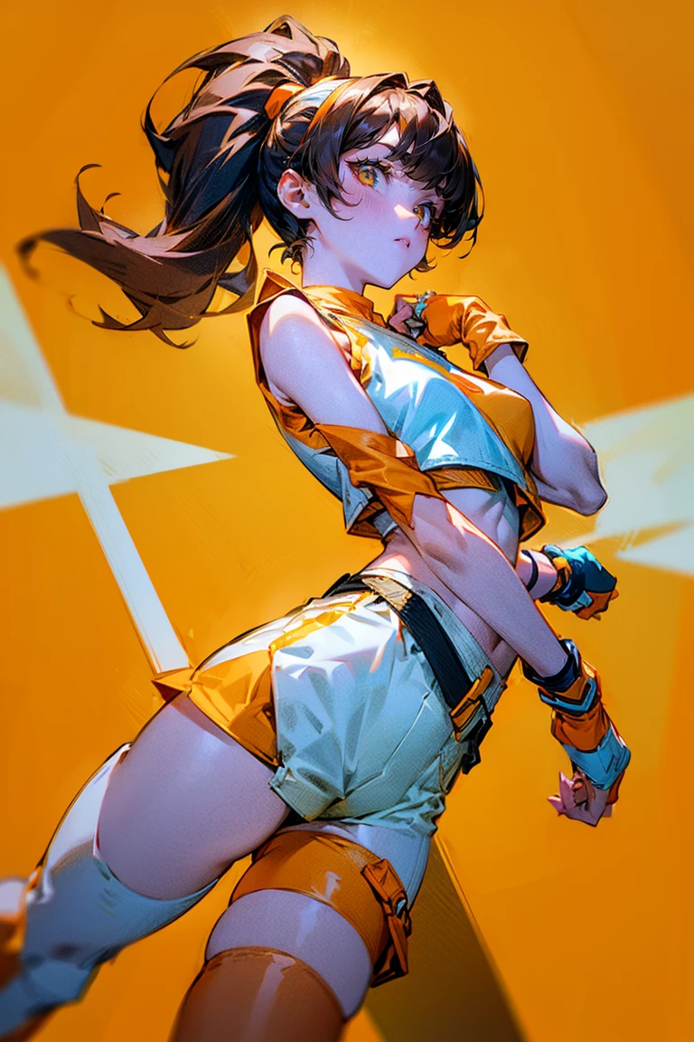 Anime middle-aged female, fair skin, dark hair in high ponytail with yellow bangs, orange and white outfit, sleeveless crop top, shorts, white belt with yellow strap, thigh-high socks, white shoes with orange accents, brown fingerless gloves, orange wristband, orange bag with yellow straps, futuristic white gun, white legging on left leg not touching shorts