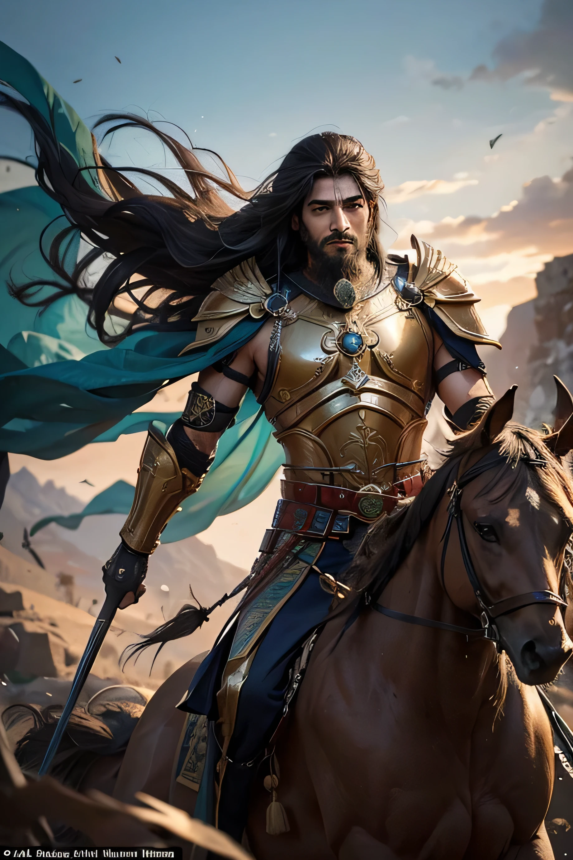 
"Create a detailed and vibrant image of Siavash, a character from the Persian epic Shahnameh. Portray him as a strong and handsome warrior in the midst of battle. Siavash should be shown wearing an ornate and majestic battle suit, reflecting both his royal lineage and his prowess as a warrior. His expression should exude confidence and determination, with a touch of noble beauty. The background should depict the chaos of battle, with soldiers and action, enhancing the heroic and epic nature of the scene."