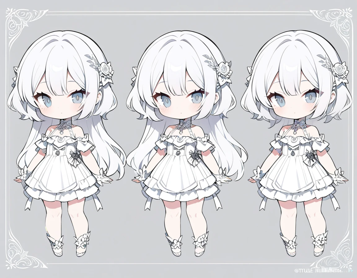 ultra-detailed, grey background, simple background, chibi, arms at sides, upright, concept art, solo, cowboy shot, full body, looking at viewer, Cute ,　Long white hair,　Silver eye, 　Bare shoulder Lolita,White clothes, whole body,　One person