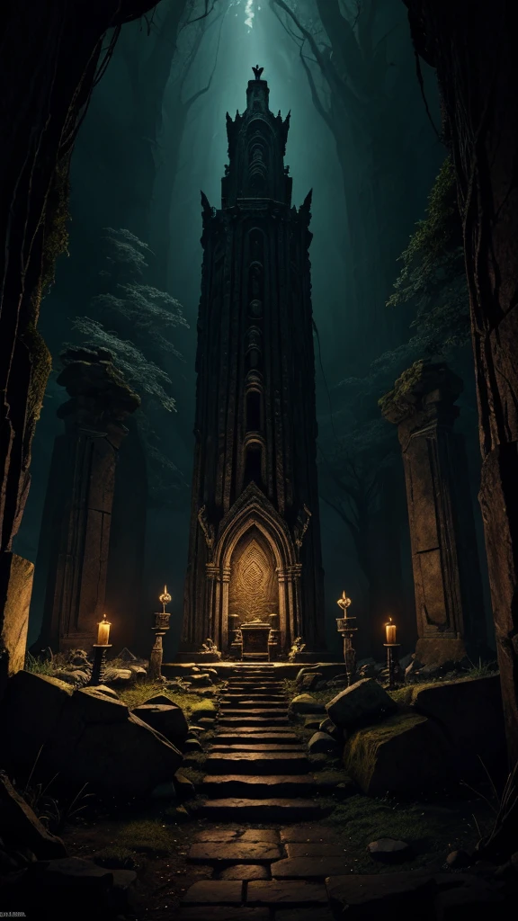 A mysterious underground chamber with an ancient stone throne, intricately carved with demonic motifs. The walls are adorned with twisted roots and dark, moss-covered stone, illuminated by flickering torchlight. In the center, a weathered stone altar surrounded by arcane symbols, with shadowy rock formations rising around it. The atmosphere is eerie and foreboding, reminiscent of a dark fantasy setting, with deep shadows and a mystical glow. High-resolution, cinematic lighting, highly detailed, fantasy art style.