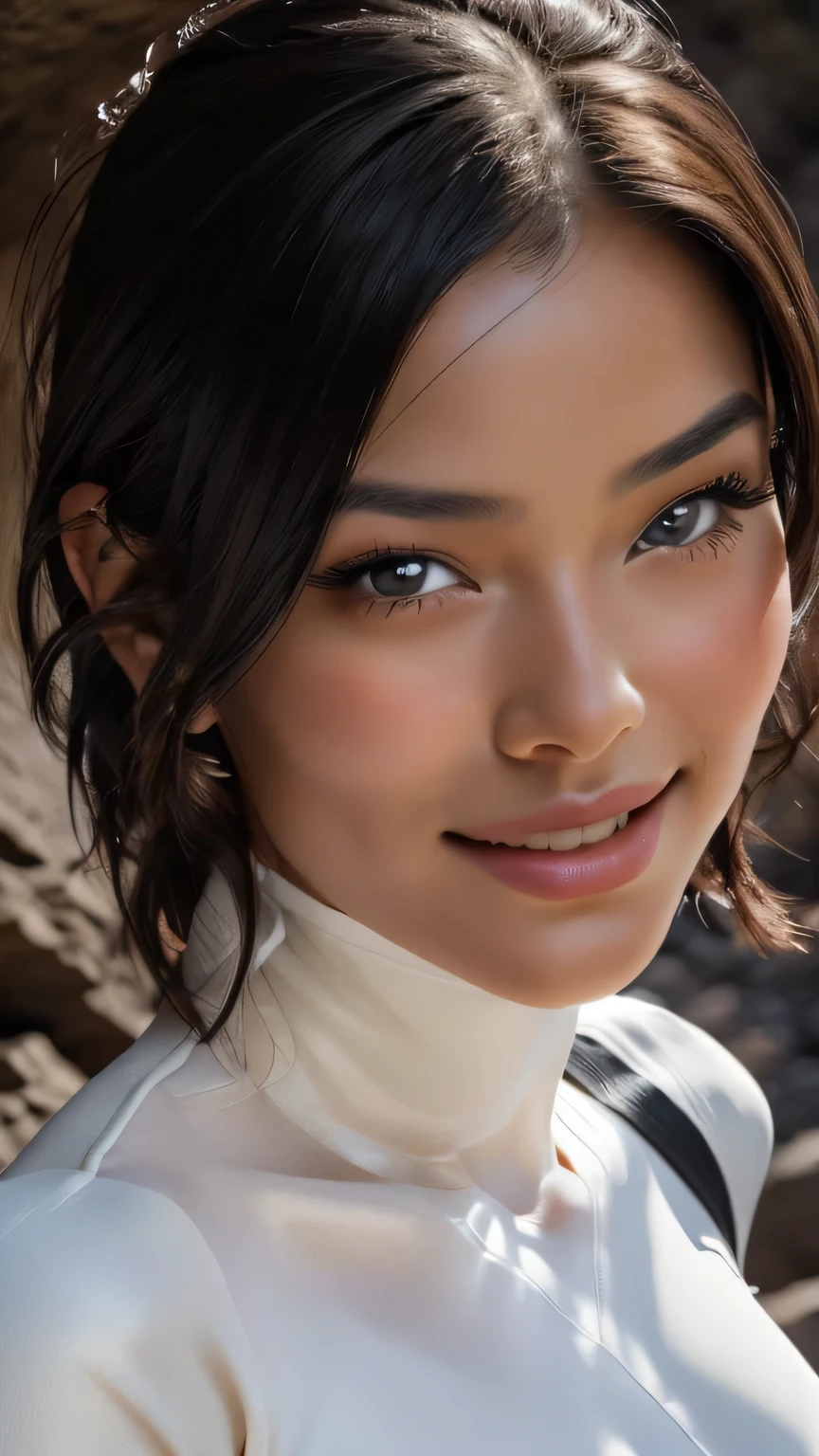 (((Face close-up))), {masterpiece},{最high quality},{One girl}, cute, wonderful, Beautiful attention to detail, Iris, short hair, Black Hair,In detail,Depth of written boundary,Highly detailed CG,original, Highly detailed wallpaper,Upper Body, View your viewers, Beautiful Hairstyles、Detailed face、Exposed breasts、Cleavage、(Big Tits, Hard nipples)、Toned Abs, White skin, Realistic、(Cinema Lighting)、Detail emphasis, Beautiful lighting、Sharp focus. Incredibly stupid, It seems ridiculous.., (((Black and white leotard))), In a dark cave、Inside a realistic cave、masterpiece, 最high quality, high quality, High resolution、(((Face close-up))), Face close-up, smile