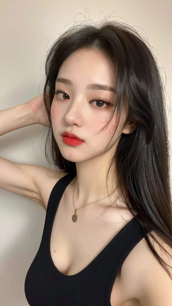 ((Highest quality, 8k, masterpiece :1.3)),    beauty.  hidden face,  (((Cute girl 18 years old))).  beauty:1.3.    Slim Abs:1.1.   ((Long black hair, Big Breasts;1,2)).   Makeup face. Red lipstick,  Long eyelashes,   necklace 

((Tank top)), 