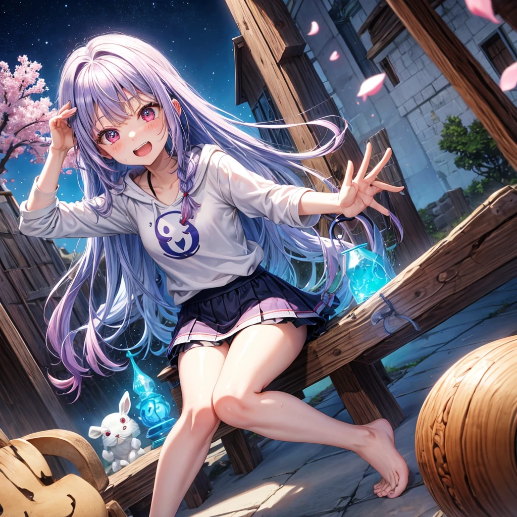 Blue-light purple hair、Red eyes、Braid、One cute girl、solo、And soul、Light clothing、Checked mini skirt、petal、Wet hair、black t-shirts、Rabbit Hoodie、large tree、cloud、Red full moon、desert、barefoot、Stones are piled up、Teeth are visible、Secret Treasure、Wooden chair、Fortress City、Tilting face、Riding a bicycle