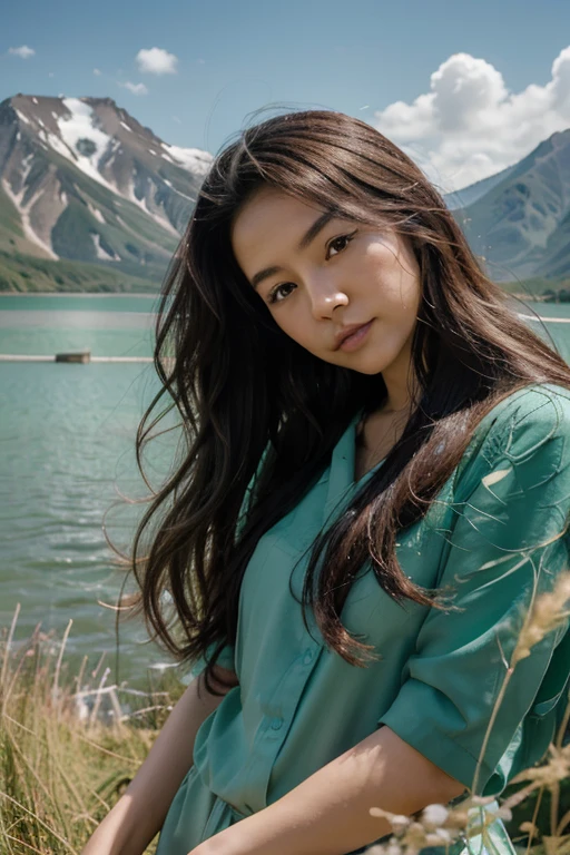 Cartoon picture of a beautiful Japanese woman, , green field, long hair, wind blowing her hair, a large lake surrounded by mountains. 