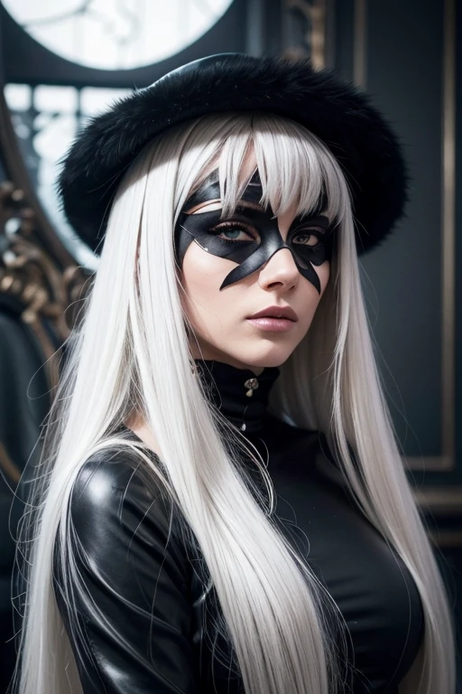 Black cat,Beautiful face,protruding breasts,white long hair,detailed fur texture,Sharp Focus,piercing eyes,gaze,delicate sideburns,elegant pose,mysterious aura,high contrast,soft shadows,bright colors,artistic rendering,Realistic drawing style,Night Landscape,Moonlight,slim build,graceful movements,curved tail,Intense expression,hidden secrets,Mesmerizing presence,Attention to detail,Photorealistic details,subtle highlights,darker tones,alluring beauty,smooth and shiny coat, frame,Playful, but mysterious,Attractive personality,intense connection,Strong visual impact,stunning artwork,professional staff,high definition masterpiece,catchy,attractive composition,provocative and alluring,expressive and captivating look, platinum white hair, black mask