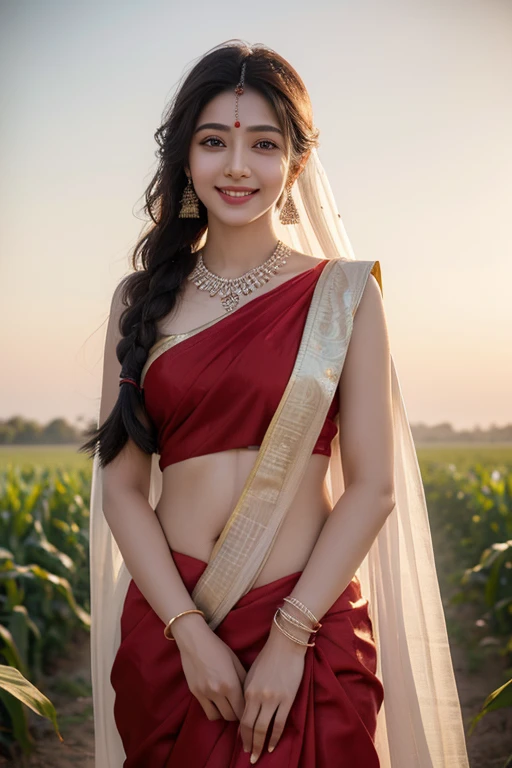 Close up, 24 year old indian woman, Bridal Red silky satin saree, White skin, long dense braided hair, Corn forming Fields landscapes background, ultra realistic, realism, cute, charming, day time, medium height, big eyes, pure Indian style saree, ambient lighting, perfect anatomy, detailed body and face, 8K, Masterpiece, RAW photo, Best quality, Photorealistic, Extremely detailed CG Unity 8K wallpaper, Neval Showing, Most Beautiful smile, ((smile:1.2)), very hot look eyes, Beautiful Smile