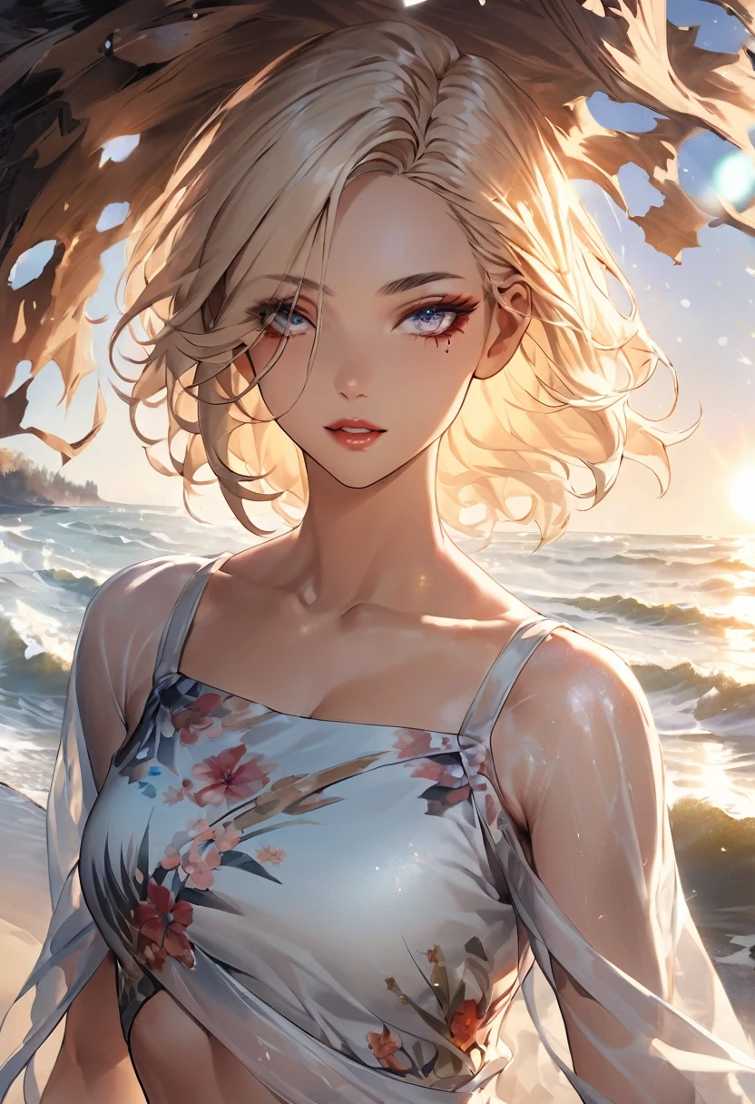 mdnn, (Sharp focus:1.2), Portraiture, intractive young woman, (Beautiful Face:1.1), Detailed eyes, Seductive lips, (eye make up:1.2), (Toned body:1.2), wear (Floral Dress:1.2) in (Beach:1.2). (Morning Sun:1.2), Depth of written boundary, Bokeh, 4K, High resolution. by (James C. Christensen:1.2|Jeremy Lipking:1.1).