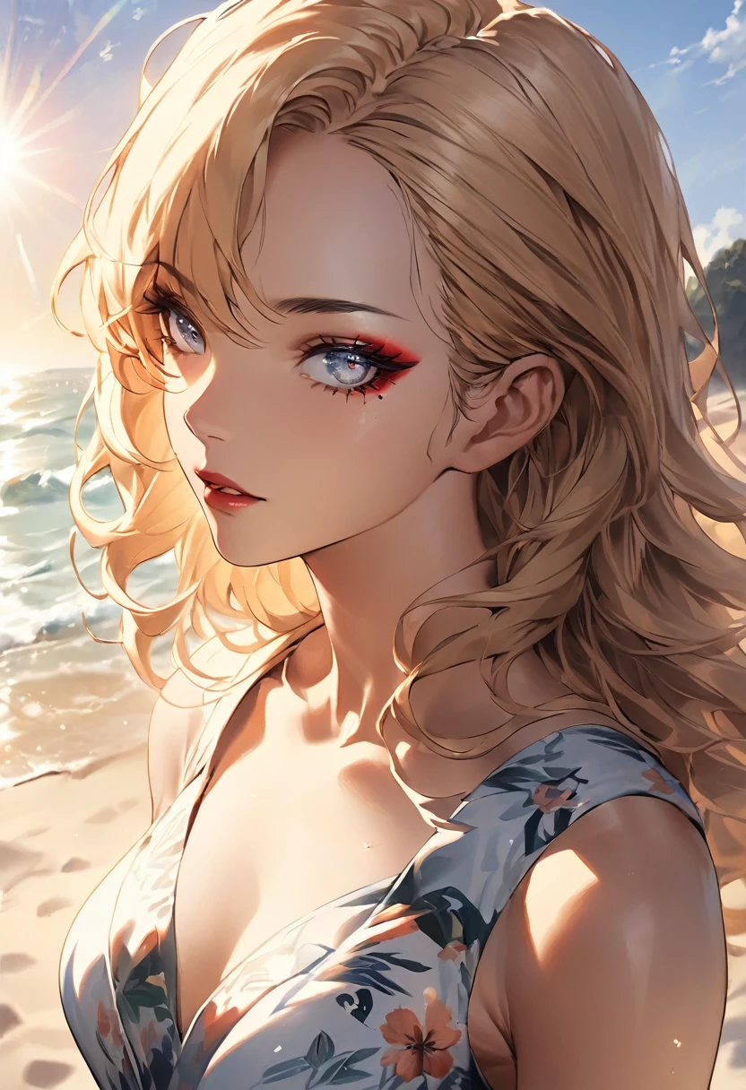 mdnn, (Sharp focus:1.2), Portraiture, intractive young woman, (Beautiful Face:1.1), Detailed eyes, Seductive lips, (eye make up:1.2), (Toned body:1.2), wear (Floral Dress:1.2) in (Beach:1.2). (Morning Sun:1.2), Depth of written boundary, Bokeh, 4K, High resolution. by (James C. Christensen:1.2|Jeremy Lipking:1.1).