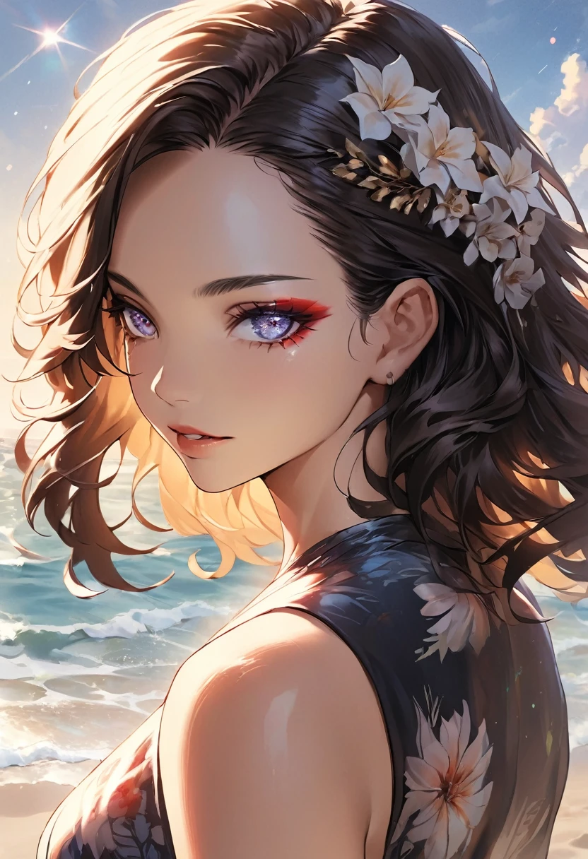 mdnn, (Sharp focus:1.2), Portraiture, intractive young woman, (Beautiful Face:1.1), Detailed eyes, Seductive lips, (eye make up:1.2), (Toned body:1.2), wear (Floral Dress:1.2) in (Beach:1.2). (Morning Sun:1.2), Depth of written boundary, Bokeh, 4K, High resolution. by (James C. Christensen:1.2|Jeremy Lipking:1.1).