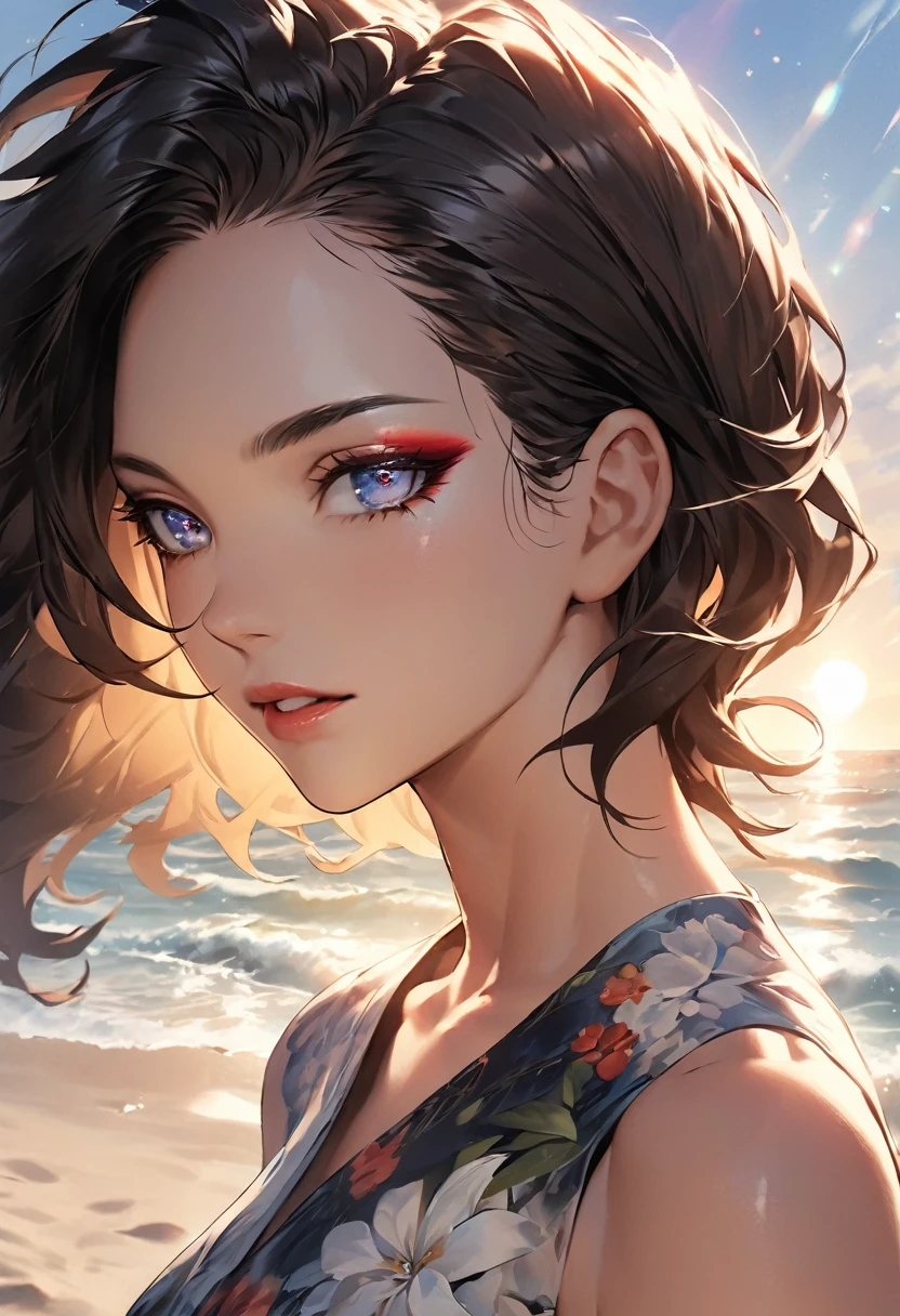 mdnn, (Sharp focus:1.2), Portraiture, intractive young woman, (Beautiful Face:1.1), Detailed eyes, Seductive lips, (eye make up:1.2), (Toned body:1.2), wear (Floral Dress:1.2) in (Beach:1.2). (Morning Sun:1.2), Depth of written boundary, Bokeh, 4K, High resolution. by (James C. Christensen:1.2|Jeremy Lipking:1.1).