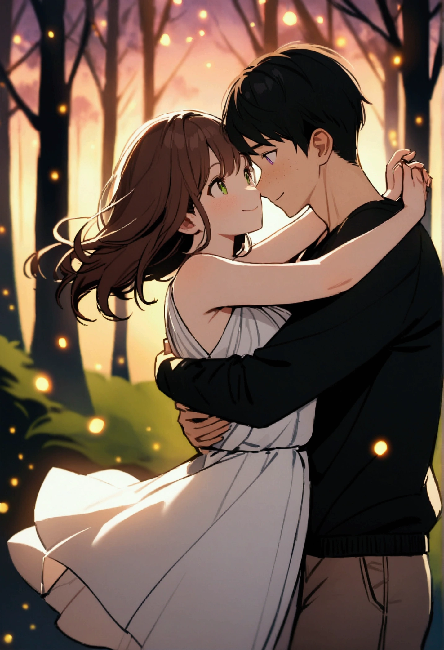 a girl and a boy, The girl has wavy brown hair, wearing white wrapped dress and brown shorts, green eyes, freckles on the face, hugging the boy, The boy has black hair and violet eyes, wearing black sweatshirt and gray pants., they are very hugged, dancing, smiling, intimate, cozy, 8k, masterpiece, forest, evening, Fireflies