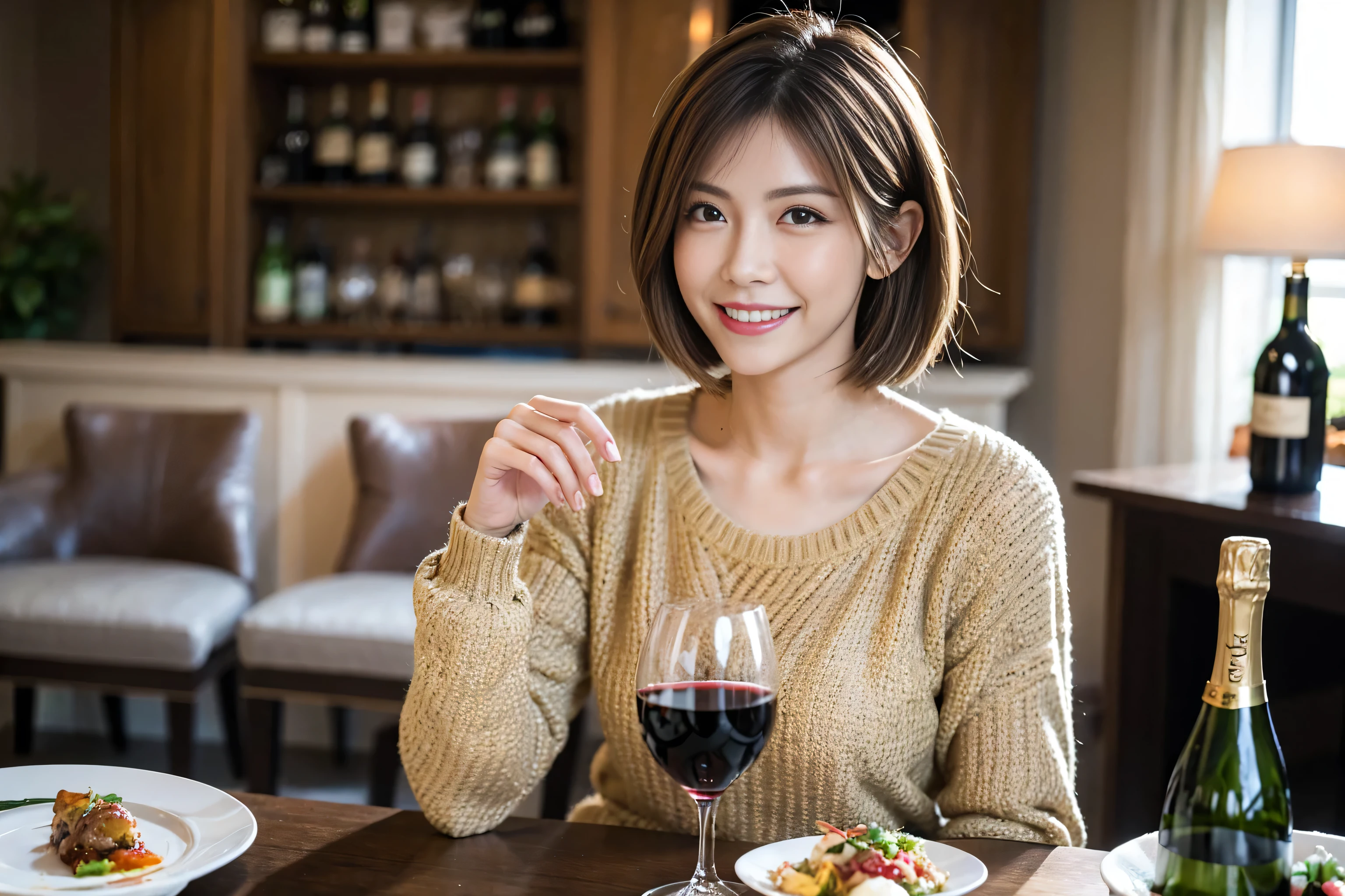 (Realistic:1.1),(masterpiece,Highest quality),8k,(54 years old), 53 years old, ベリーslimボディ、slimカップル、Tight waist,Upper Body,full-course dinner、wine 、Amazing view of the sunset sky and clouds、Perfect Anatomy, Brown Hair, short hair,Random Hairstyles,((Highly detailed face and eyes:1.2)),Perfect golden ratio face,Long sleeve shirt、dress,(smile:1.2)、Shortcuts、cute、(Realistic, Intricate details:1.2), A bright smile、short hair,Bright Face、赤wine 、Appetizers、Italian food、wine bottle、Champagne、スパークリングwine、(slimな顔), (The body is slim), (Brown Hair), (Shortcuts), Upper Body, 白wine, slim, wineグラス,
