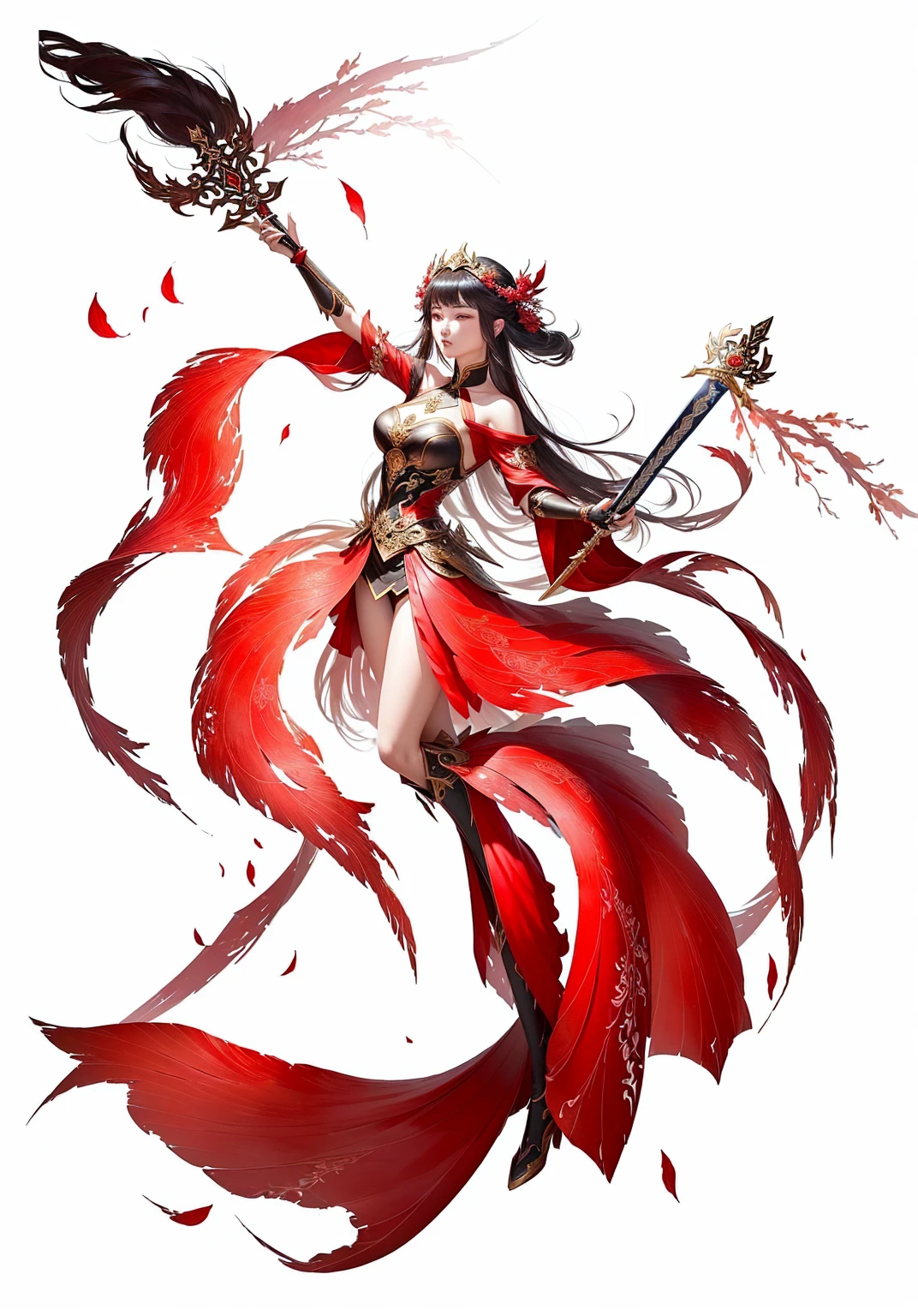A woman in a red dress、Close-up of woman holding sword, Full body fairy, author：Yang J, Inspired by Du Qiong, G Liulian art style, Inspired by trees, Inspired by Ju Lian, Epic and beautiful character art, bian lian, by Qu Leilei, Inspired by Fenghua Zhong, Beautiful fantasy queen