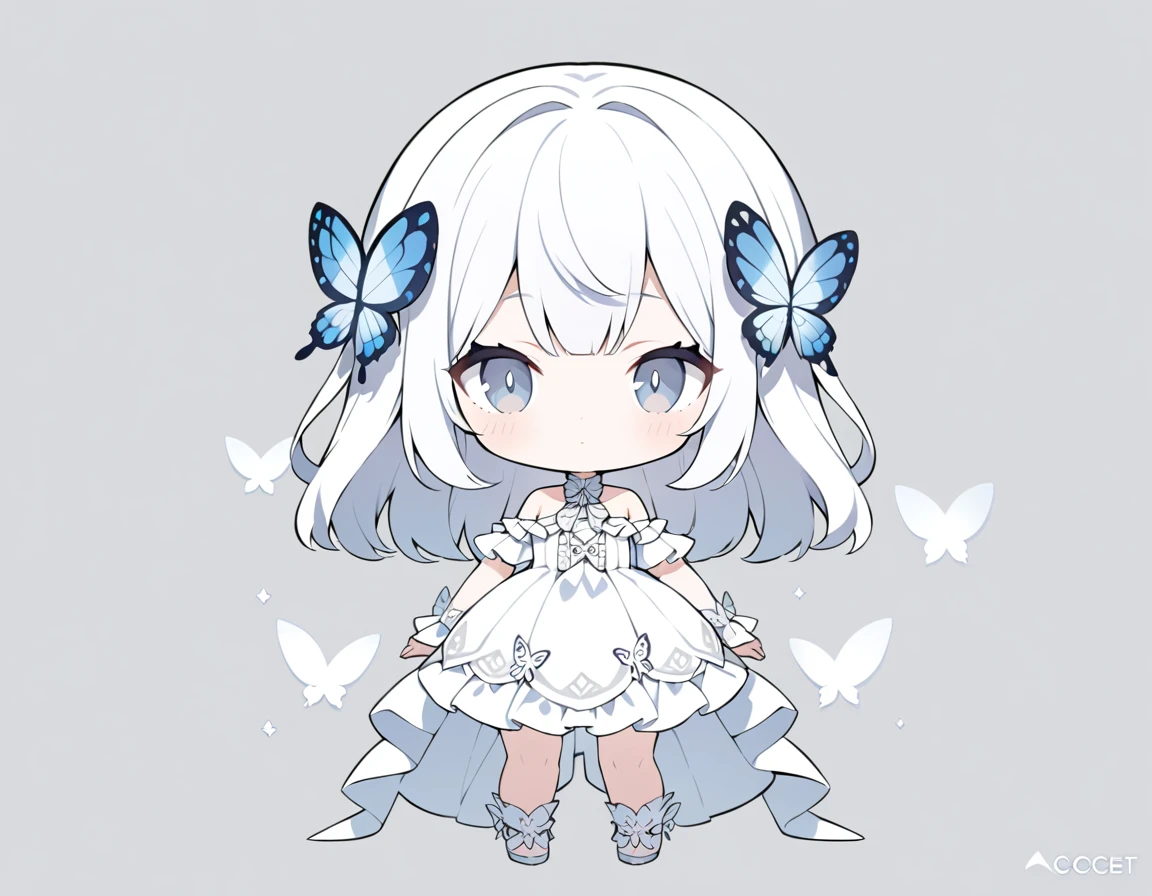 ultra-detailed, grey background, simple background, chibi, arms at sides, upright, concept art, solo, cowboy shot, full body, looking at viewer, Cute , Long white hair, Silver eye, Bare shoulder ta,White clothes, whole body, One person, butterfly