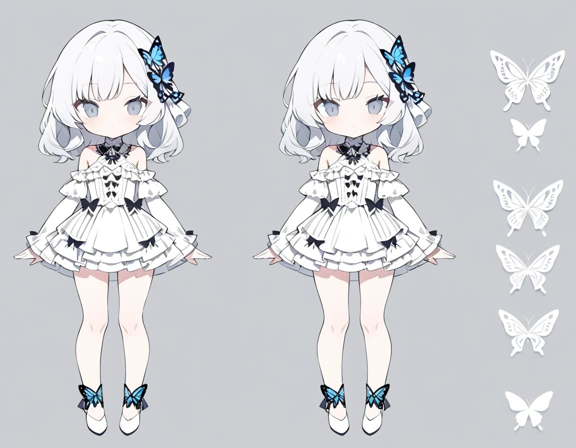 ultra-detailed, grey background, simple background, chibi, arms at sides, upright, concept art, solo, cowboy shot, full body, looking at viewer, Cute , Long white hair, Silver eye, Bare shoulder ta,White clothes, whole body, One person, butterfly