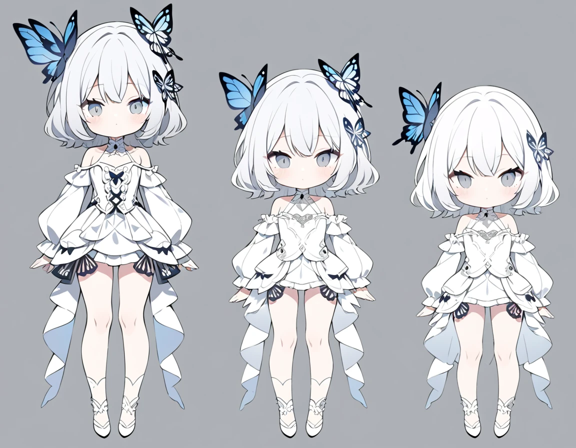 ultra-detailed, grey background, simple background, chibi, arms at sides, upright, concept art, solo, cowboy shot, full body, looking at viewer, Cute , Long white hair, Silver eye, Bare shoulder ta,White clothes, whole body, One person, butterfly