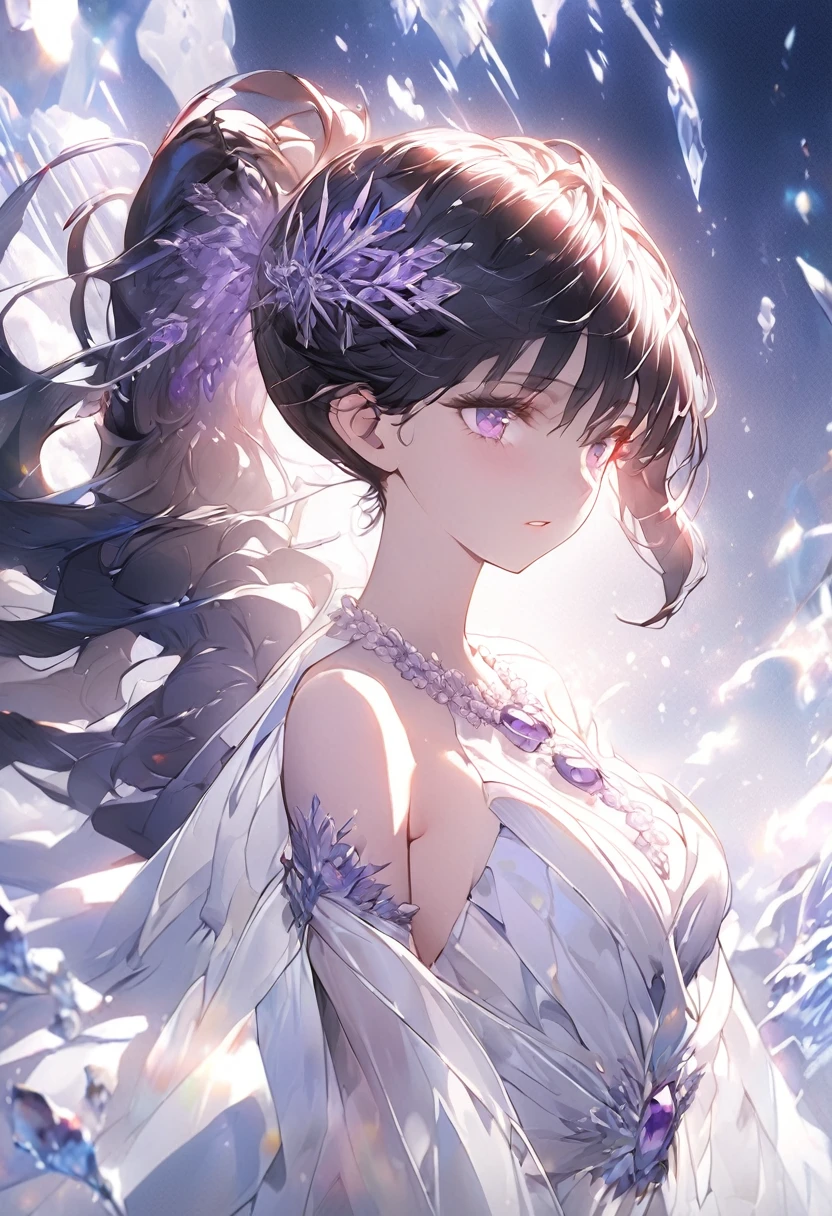 a beautiful woman with long dark blue hair in a ponytail, violet eyes with a cold and powerful gaze, wearing an amethyst crystal necklace and a cape,an overwhelming regal aura, (best quality, masterpiece:1.2),ultra-detailed,2d anime,digital art, highly detailed facial features, porcelain skin, dramatic lighting, cinematic composition, fantasy, elegant flowing dress, dramatic shadows, moody atmosphere, deep rich colors, anime version