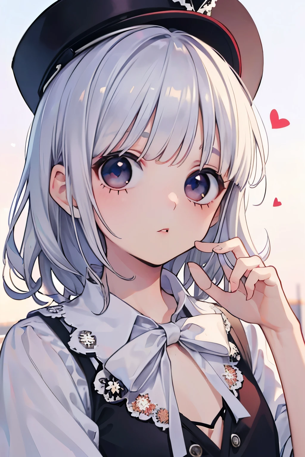 (beautiful cute men's),((silver hair:1.2)),(Medium wave hair:1.1),(love with it eyes:1.2),(heart eyes:1.2),(princess:1.1),(White cap:1.25),((lace blouse:1.2)),kiss Face,(outdoor:1.25),(上からのアングル:1.1)
