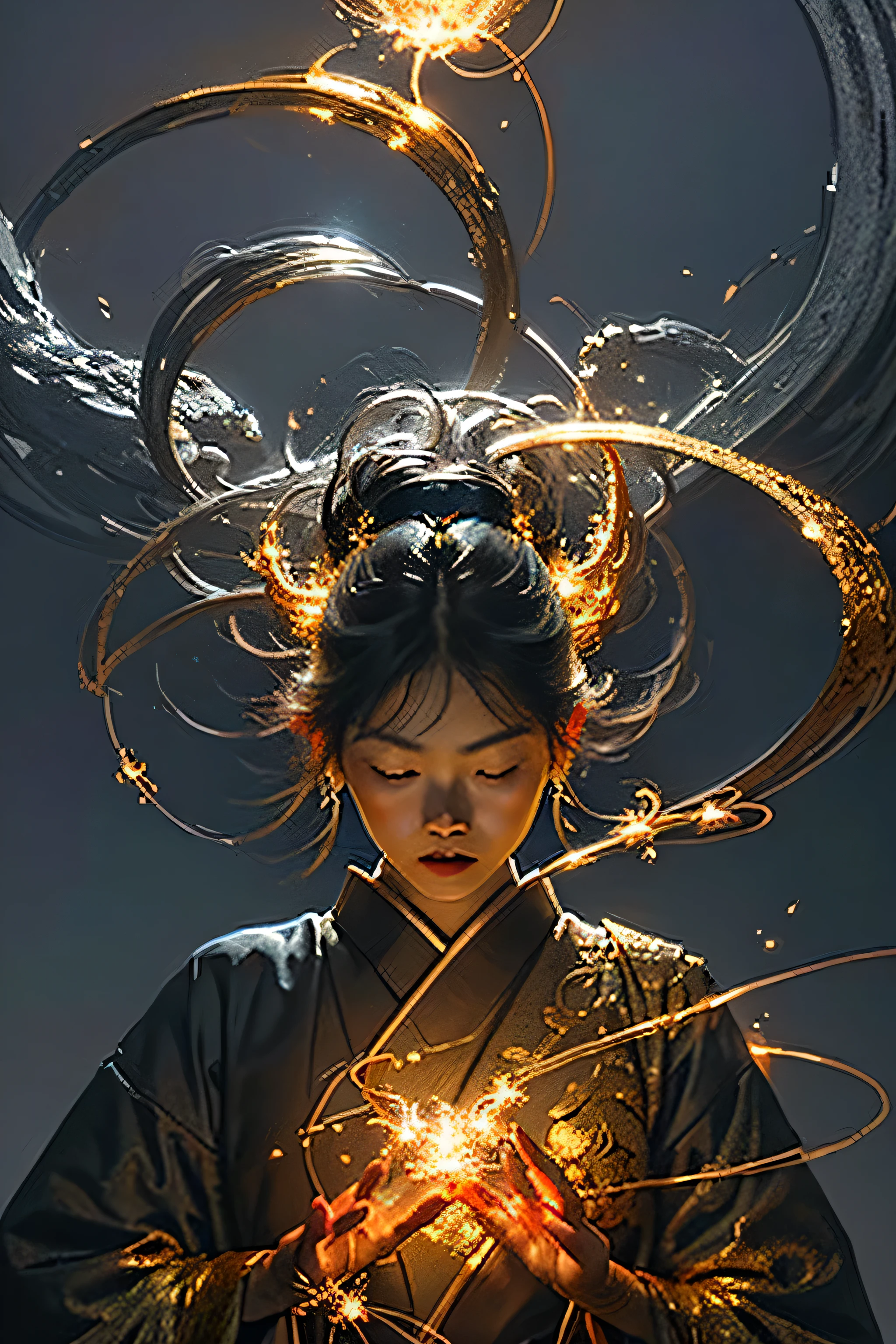 best quality,masterpiece,Ultra-high resolution,Solitary,1 Girl, ,roujinzhi,Chinese Zen style,impactful picture,translucent and glowing metallic patterns,(Glowing metal objects hovered in the air and surrounded him:1.2),(Electric arcs and sparks:1.2),(Energy Flow:1.2),(Transparent magnetic field lines:1.2),(Gold, silver and glittering light effects:1.2),