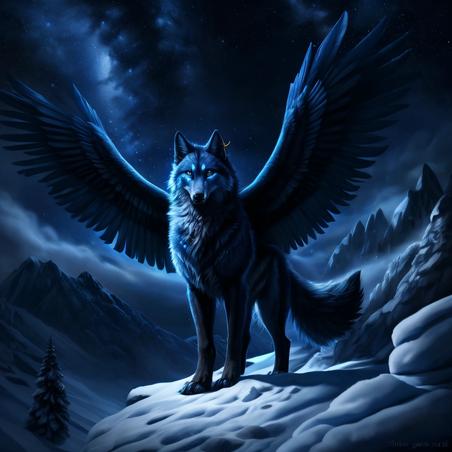 a blueish winged wolf, snow rocks, night , stars, detailed feathered wings, piercing eyes, sharp fangs, majestic pose, cinematic lighting, dramatic shadows, fantasy digital art, hyperrealistic, 8k, highly detailed, intricate textures, vibrant colors, moody atmosphere, masterpiece