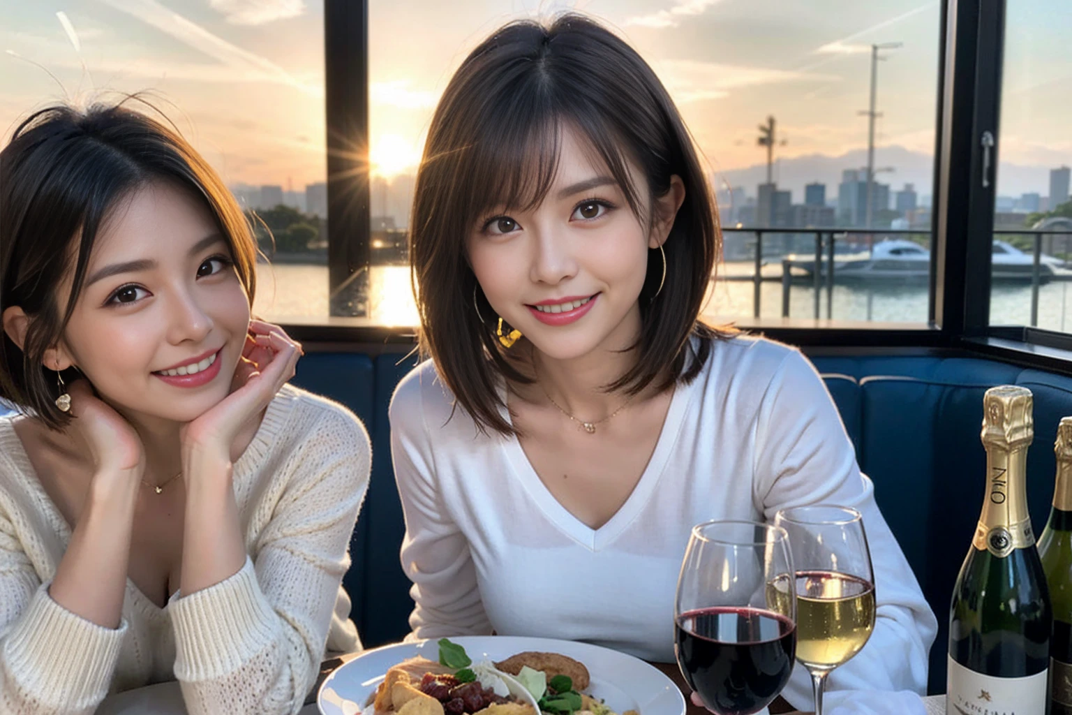 （Realistic:1.1）,(masterpiece,Highest quality)，8k,(44 years old), 42 years old, slimカップル、Model Couple、actress/actor、Tight waist,Upper Body,full-course dinner、wine 、Amazing view of the sunset sky and clouds、Perfect Anatomy, Brown Hair, short hair,Random Hairstyles,((Highly detailed face and eyes:1.2))(cute顔:1.4)，美しいactressの顔，Perfect golden ratio face，Long sleeve shirt、dress,(smile:1.2)、Shortcuts、cute、(Realistic, Intricate details:1.2), A bright smile、short hair,Bright Face、赤wine 、Appetizers、Italian food、wine bottle、Champagne、スパークリングwine、(slimな顔), (The body is slim), (Brown Hair), (Shortcuts),  Upper Body, 白wine, slim, wineグラス, 