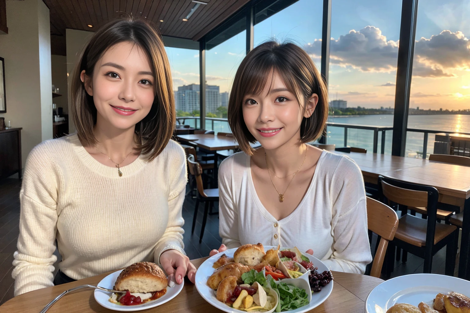 (Realistic:1.1),(masterpiece,Highest quality),8k,(51 years old), 53 years old, ベリーslimボディ、slimカップル、Tight waist,Upper Body,full-course dinner、wine 、Amazing view of the sunset sky and clouds、Perfect Anatomy, Brown Hair, short hair,Random Hairstyles,((Highly detailed face and eyes:1.2)),Perfect golden ratio face,Long sleeve shirt、dress,(smile:1.2)、Shortcuts、cute、(Realistic, Intricate details:1.2), A bright smile、short hair,Bright Face、赤wine 、Appetizers、Italian food、wine bottle、Champagne、スパークリングwine、(slimな顔), (The body is slim), (Brown Hair), (Shortcuts), Upper Body, 白wine, slim, wineグラス,
