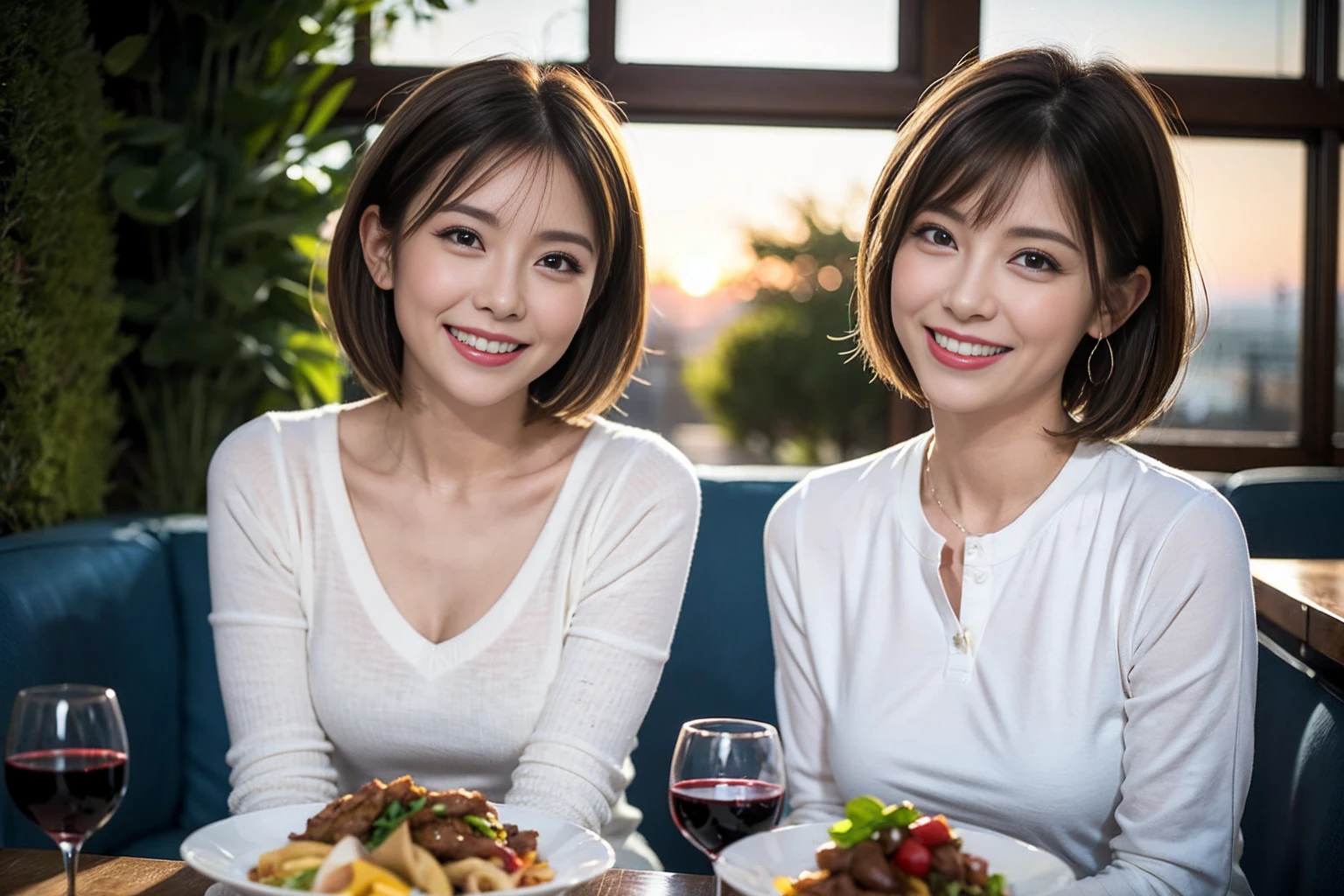 (Realistic:1.1),(masterpiece,Highest quality),8k,(51 years old), 53 years old, ベリーslimボディ、slimカップル、Tight waist,Upper Body,full-course dinner、wine 、Amazing view of the sunset sky and clouds、Perfect Anatomy, Brown Hair, short hair,Random Hairstyles,((Highly detailed face and eyes:1.2)),Perfect golden ratio face,Long sleeve shirt、dress,(smile:1.2)、Shortcuts、cute、(Realistic, Intricate details:1.2), A bright smile、short hair,Bright Face、赤wine 、Appetizers、Italian food、wine bottle、Champagne、スパークリングwine、(slimな顔), (The body is slim), (Brown Hair), (Shortcuts), Upper Body, 白wine, slim, wineグラス,