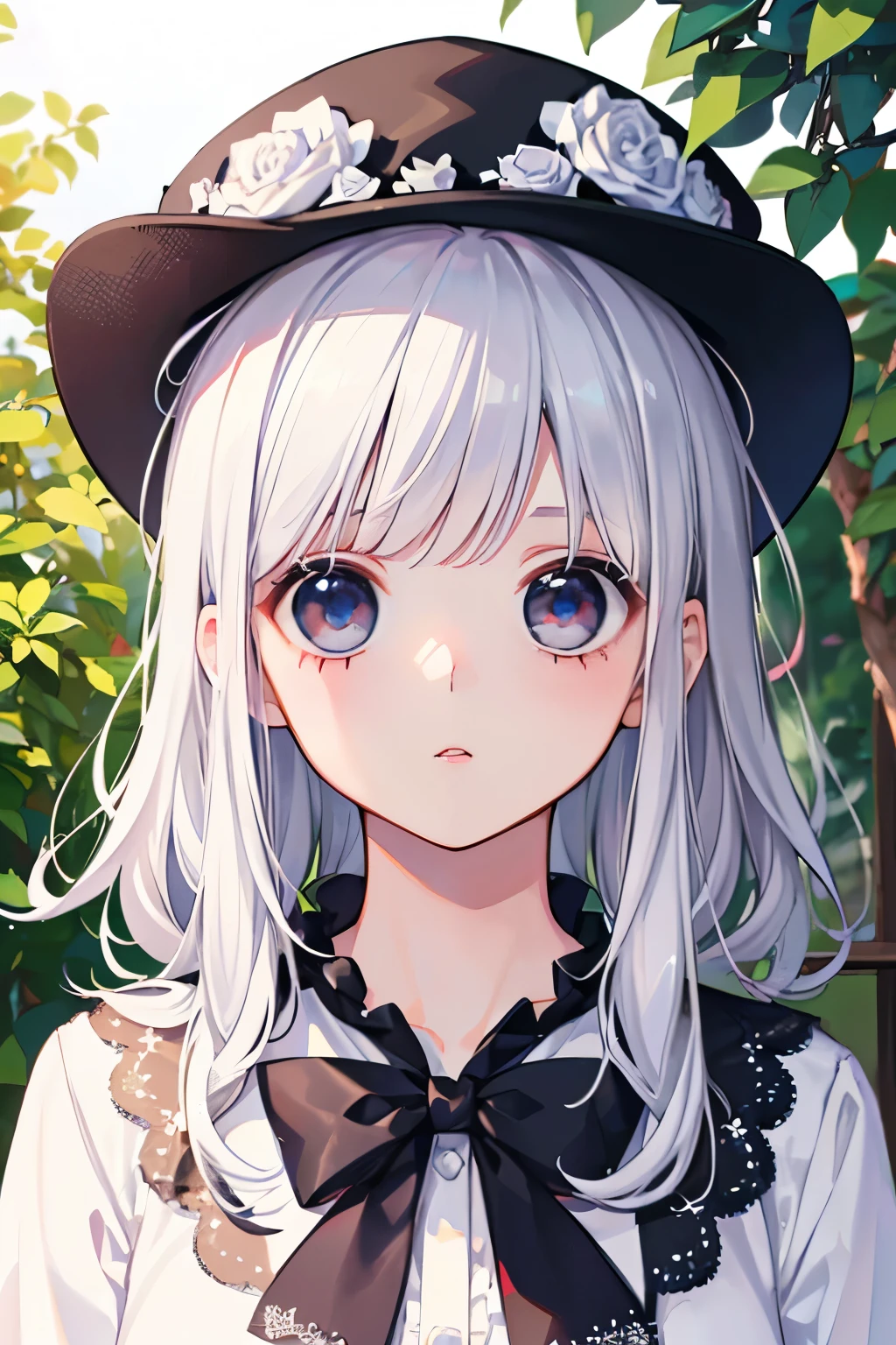 (beautiful cute men's),((silver hair:1.2)),(Medium wave hair:1.1),(love with it eyes:1.2),(heart eyes:1.2),(princess:1.1),(White cap:1.25),((lace blouse:1.2)),kiss Face,(outdoor:1.25),(上からのアングル:1.1)