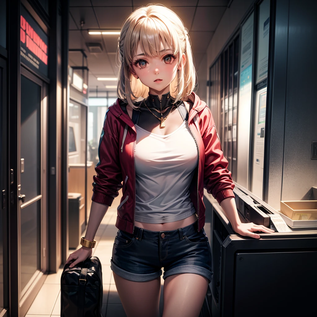 Boutique,best quality,Gold Jewelry,(slip out feet),Fairy Skin,(Honesty :1.2),permanent,Very detailed,Practical,high quality,light,Ray Tracing,Ultra HD,Upper Body, Girl in shorts and jacket stands next to giant, Gu Weiss style artwork, Cyberpunk mech, Trends on CGiStations, Gu Weiss, Lu Dongjun, Digital Cyberpunk Anime Art, Ross Tran 8k, Gu Weiss on ArtStation Pixiv, Mecha Cyber Armored Girl