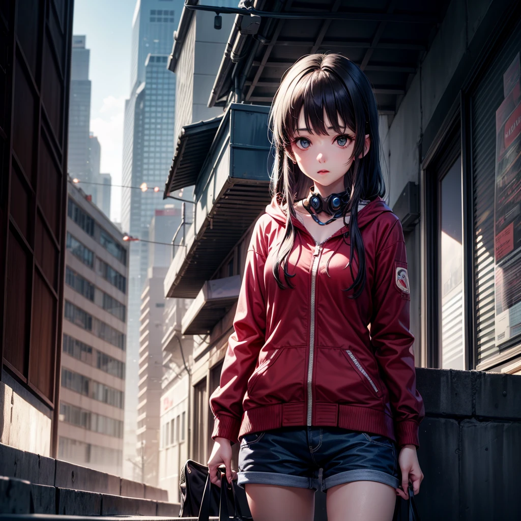 Boutique,best quality,Gold Jewelry,(slip out feet),Fairy Skin,(Honesty :1.2),permanent,Very detailed,Practical,high quality,light,Ray Tracing,Ultra HD,Upper Body, Girl in shorts and jacket stands next to giant, Gu Weiss style artwork, Cyberpunk mech, Trends on CGiStations, Gu Weiss, Lu Dongjun, Digital Cyberpunk Anime Art, Ross Tran 8k, Gu Weiss on ArtStation Pixiv, Mecha Cyber Armored Girl