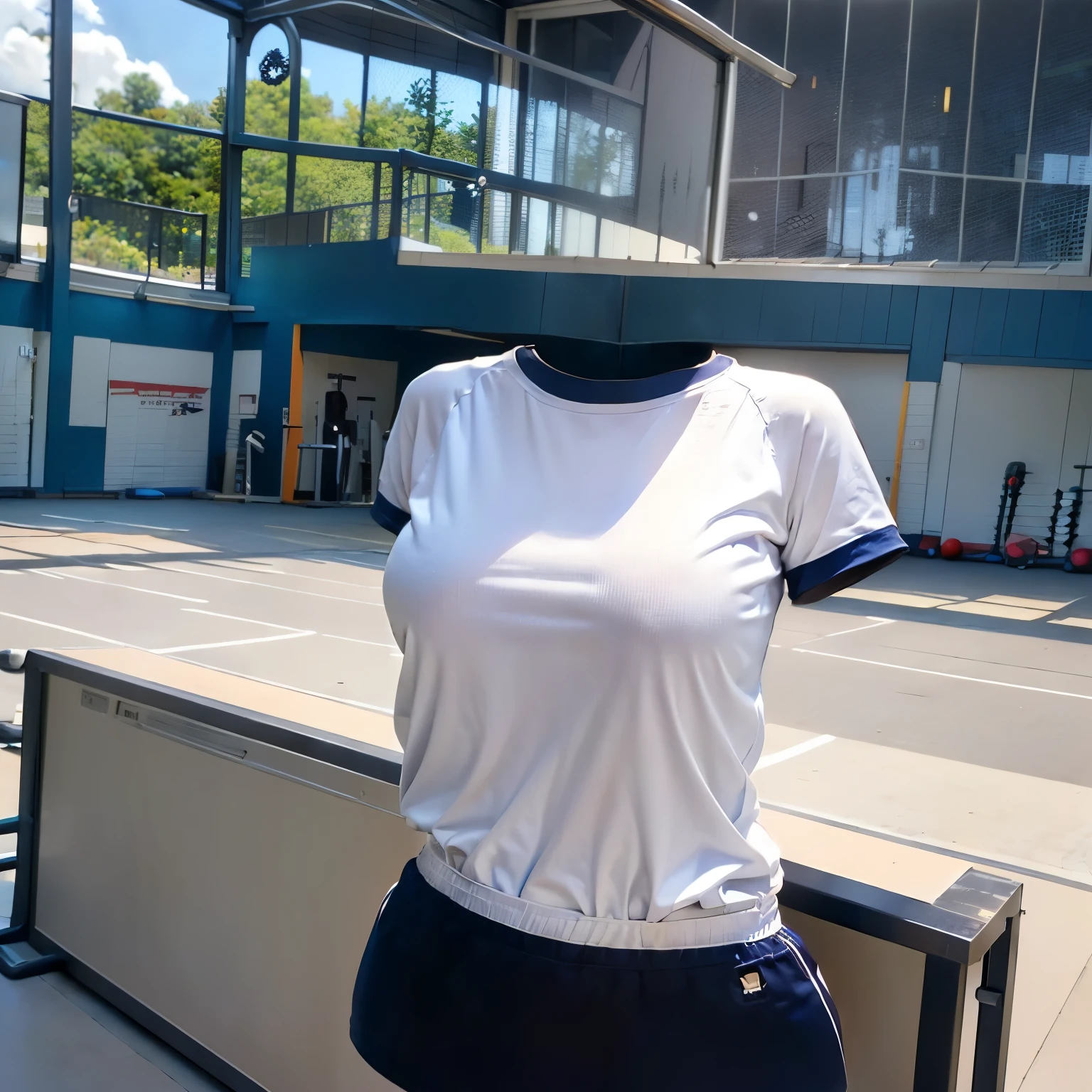 high school girl、(((White short-sleeved T-shirt on the upper body)))、((Long white gym clothes))、(((Very tight bloomerid rise bloomers)))、(((Navy Bloomers)))、(((Tuck the bottom of your gym clothes into your bloomers)))、Big Breasts、(((Schoolyard)))、(((upright)))