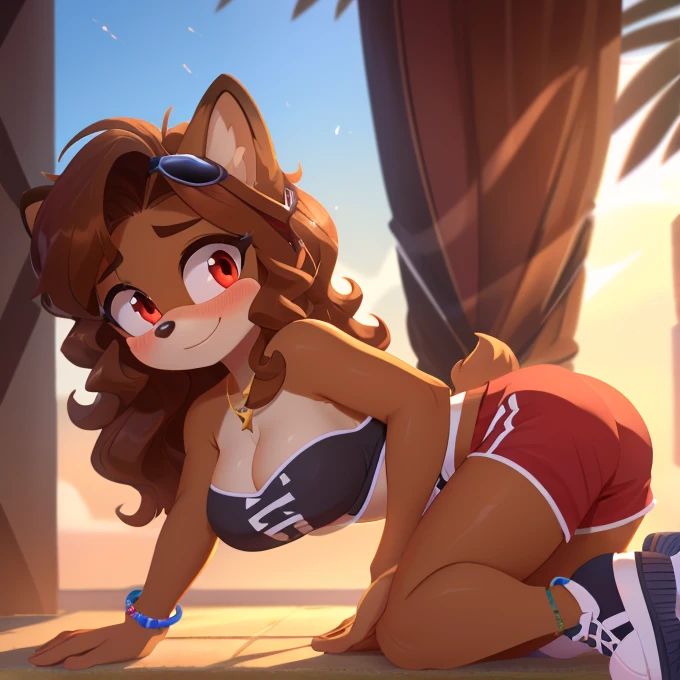 mobian, hedgehog, two-tone fur ((orange fur, brown fur)), pyjama elastic shorts, strapless crop top, cleavage, high-top sneakers, two-tone hair (brown hair, black tip)), curly hair, halo, sunglasses, jewelry, red eyes, longeyelashes, red eyes, smile, shy, blush, high detail, masterpiece, UHD, anatomically correct, super detail, highres, 4K, ass,