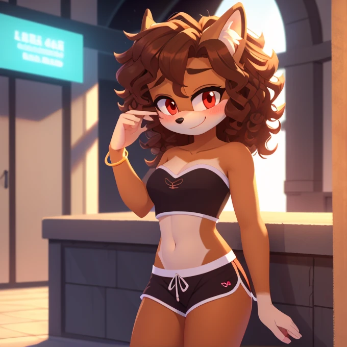 mobian, hedgehog, two-tone fur ((orange fur, brown fur)), pyjama elastic shorts, strapless crop top, cleavage, high-top sneakers, two-tone hair (brown hair, black tip)), curly hair, halo, sunglasses, jewelry, red eyes, longeyelashes, red eyes, smile, shy, blush, high detail, masterpiece, UHD, anatomically correct, super detail, highres, 4K, ass,