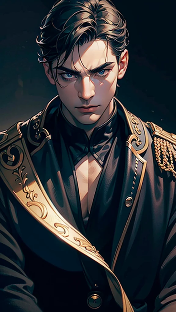 a dark moody portrait of a handsome man, chiaroscuro lighting, dramatic shadows, piercing gaze, intense expression, strong jawline, sculpted facial features, deep set eyes, brooding atmosphere, oil painting, impasto texture, rich color palette, dark grays and blues, highlights and lowlights, dramatic lighting, high contrast, painterly style, cinematic composition, depth of field, photo-realistic, best quality, 4k, ultra-detailed, masterpiece