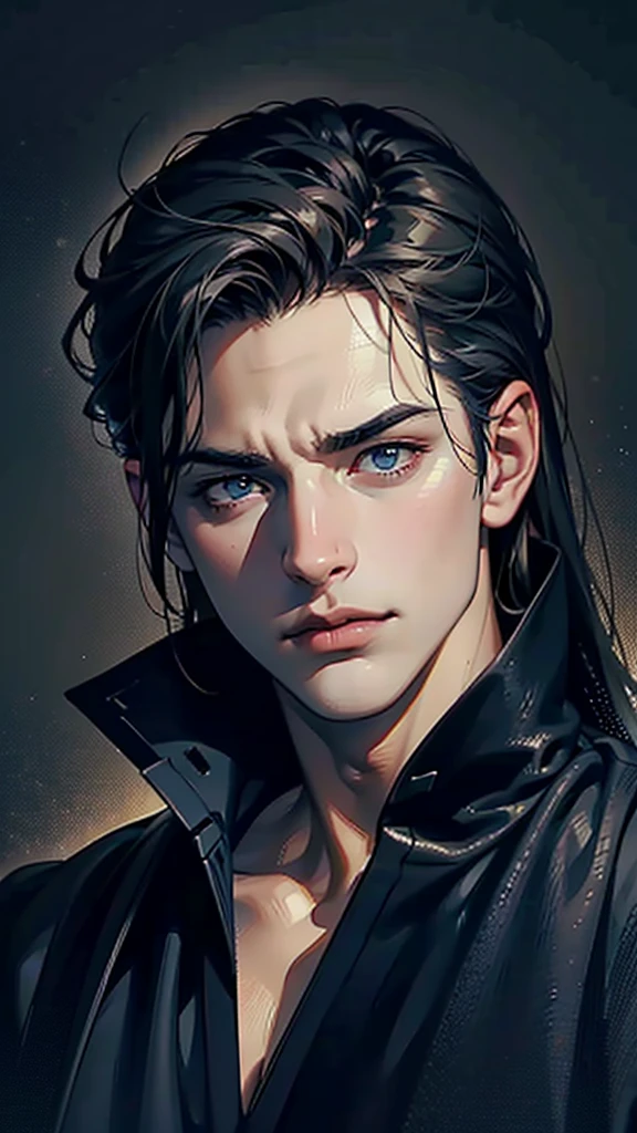 a dark moody portrait of a handsome man, chiaroscuro lighting, dramatic shadows, piercing gaze, intense expression, strong jawline, sculpted facial features, deep set eyes, brooding atmosphere, oil painting, impasto texture, rich color palette, dark grays and blues, highlights and lowlights, dramatic lighting, high contrast, painterly style, cinematic composition, depth of field, photo-realistic, best quality, 4k, ultra-detailed, masterpiece