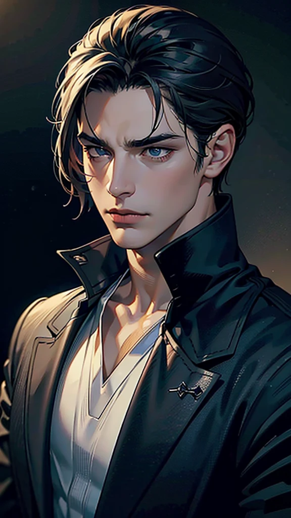 a dark moody portrait of a handsome man, chiaroscuro lighting, dramatic shadows, piercing gaze, intense expression, strong jawline, sculpted facial features, deep set eyes, brooding atmosphere, oil painting, impasto texture, rich color palette, dark grays and blues, highlights and lowlights, dramatic lighting, high contrast, painterly style, cinematic composition, depth of field, photo-realistic, best quality, 4k, ultra-detailed, masterpiece