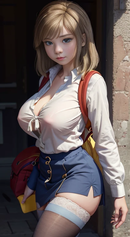young Riley Andersen, neckline, diaphragm, dressed in sexy , white shirt with open buttons short yellow tie, wide short light blue skirt, long tight white stockings, White shoes, will have a backpack on his back, very sexy and sensual hands-on-waist pose, very big breasts, Wide hips, fat legs