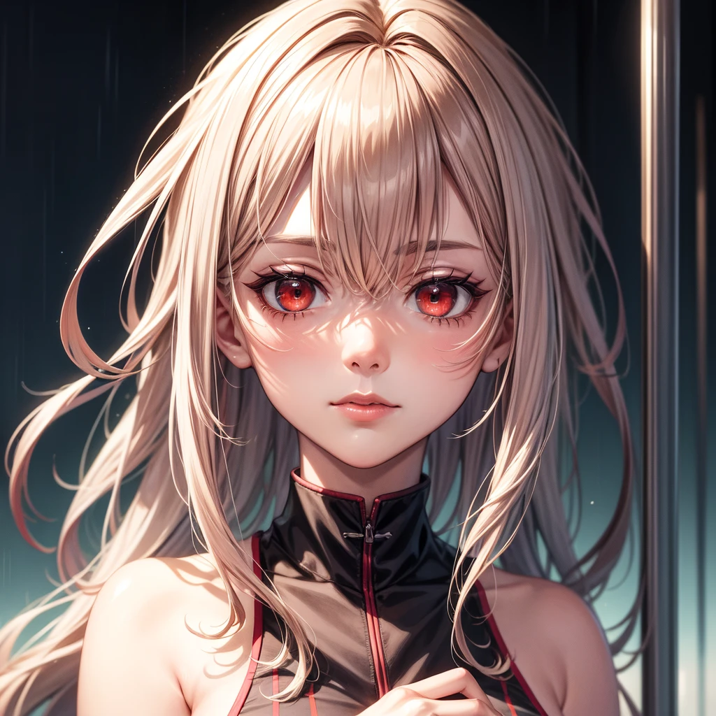masterpiece, best quality, Extremely detailed, lightning, Intricate details, high resolution, Official Art, Delicate and beautiful face and eyes, high resolution illustration, 8k, Depth of Field, bokeh, Solitary, 1 Girl, Girl with white hair and red eyes, Long white hair, Beautiful red eyes, Beautiful scenery, rainy city, Upper Body, Looking at the audience, close up