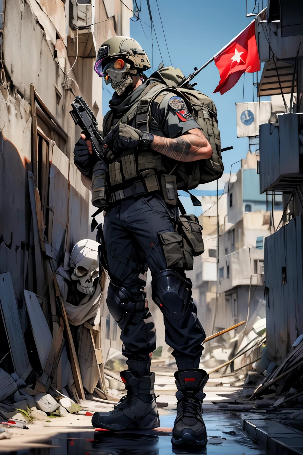 ((best quality)), ((masterpiece)), (detailed), 3man, (special forces black uniform soldiers) hamas(sorban and badges), (full body low angle) wearing printing skull mask, full armour, steel helmet, he is is firing the target with a riffles , carrying the palestine flag on his backpack), flash lights from the tower hit the soldiers in a war conflict(there is dead soldiers and a tank behind the man), jet plane explosive in the sky many misile light up the skies, dusty dark and colorfull(realistic), (so many skull of dead body on the ground),((palestine flags)), ((red white flags)), (palestine war)