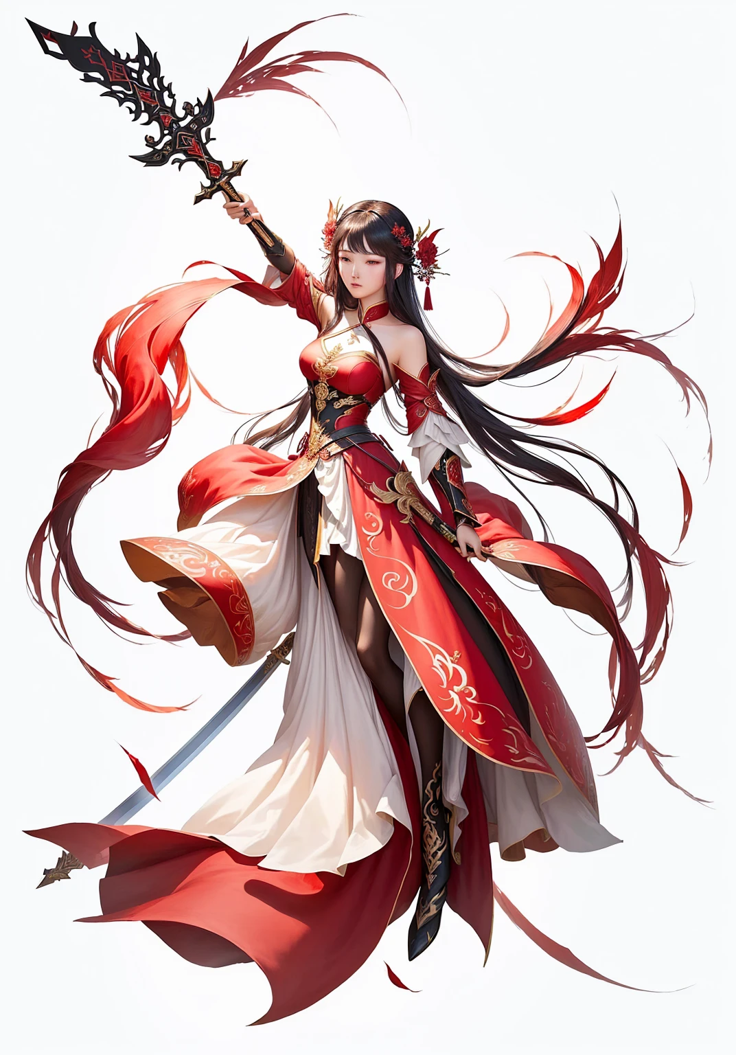 A woman in a red dress、Close-up of woman holding sword, Full body fairy, author:Yang J, Inspired by Du Qiong, G Liulian art style, Inspired by trees, Inspired by Ju Lian, Epic and beautiful character art, bian lian, by Qu Leilei, Inspired by Fenghua Zhong, Beautiful fantasy queen