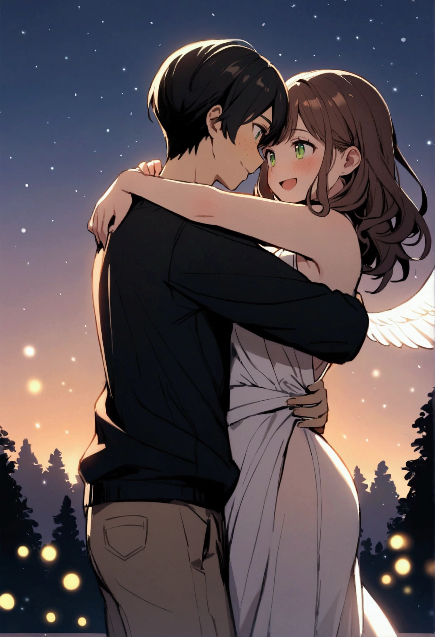 a girl and a boy, The girl has wavy brown hair, wearing white wrapped dress and brown shorts, green eyes, freckles on the face, white wings on his back, hugging the boy, The boy has black hair and violet eyes, wearing black sweatshirt and gray pants., they are very hugged, dancing, smiling, intimate, cozy, 8k, masterpiece, forest, evening, Fireflies