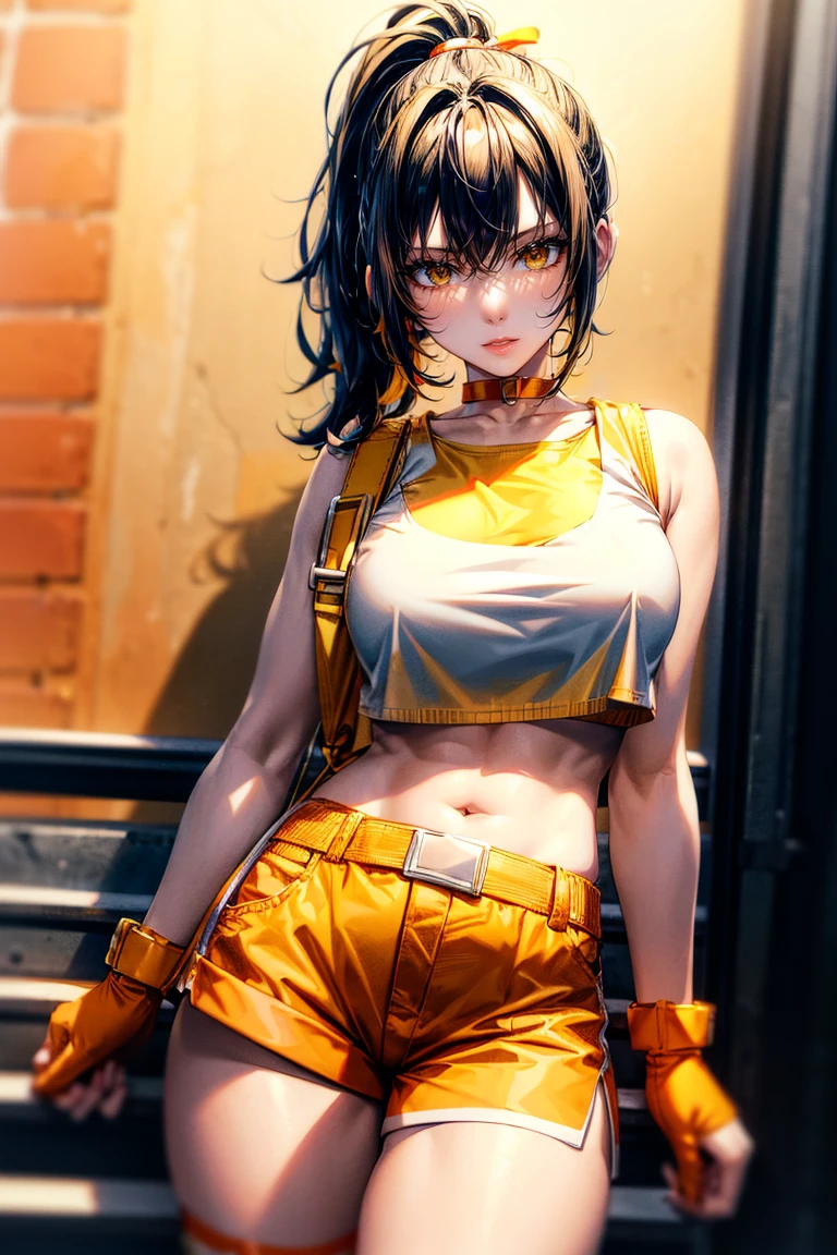 Anime middle-aged female, fair skin, dark hair in high ponytail with yellow bangs, orange and white outfit, sleeveless crop top, shorts, white belt with yellow strap, thigh-high socks, white shoes with orange accents, brown fingerless gloves, orange wristband, orange bag with yellow straps, futuristic white gun, white legging on left leg not touching shorts