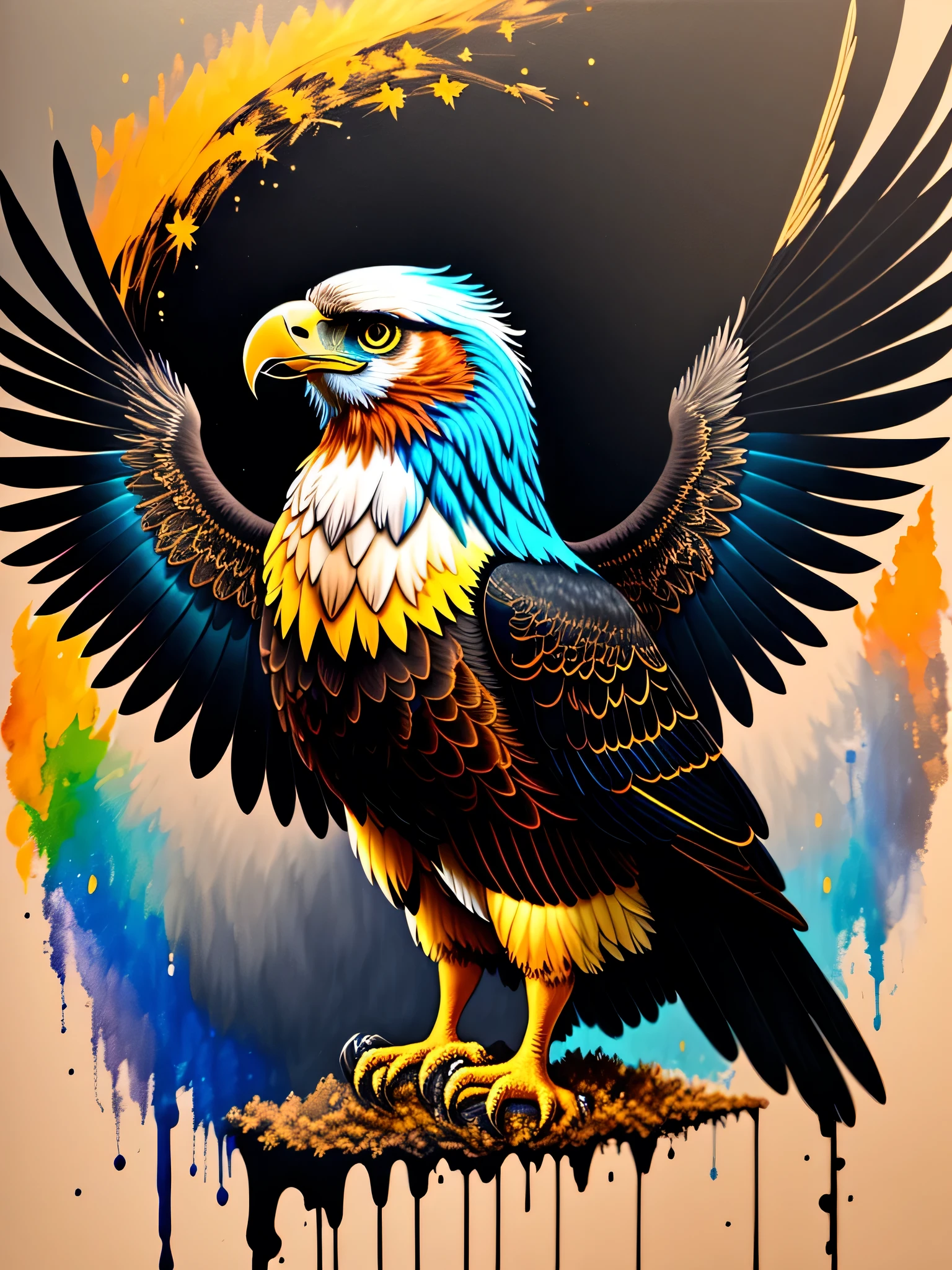 a painting of a large colored eagle on a black background, wings open, breathtaking rendering, within a radiant connection, inspired by Kinuko Y. Craft,, magical elements, kitten icon, wow, is beautiful, casting a multi colorful spell, bright flash, flash