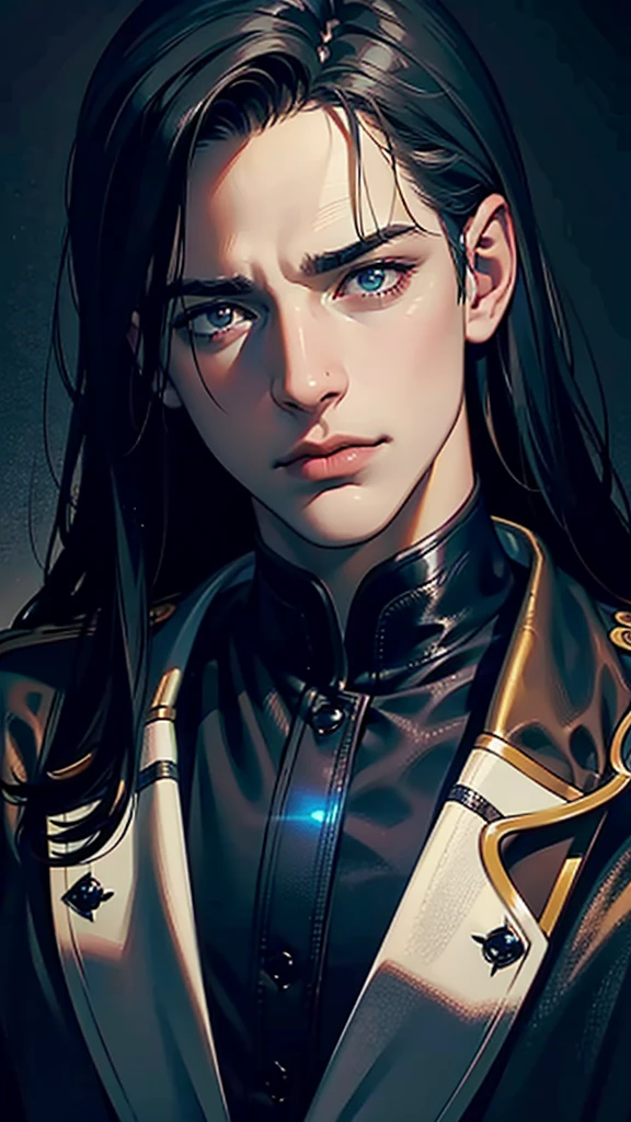 a dark moody portrait of a handsome man, chiaroscuro lighting, dramatic shadows, piercing gaze, sad 
expression, strong jawline, sculpted facial features, deep set eyes, brooding atmosphere, oil painting, impasto texture, rich color palette, dark grays and blues, highlights and lowlights, dramatic lighting, high contrast, painterly style, cinematic composition, depth of field, photo-realistic, best quality, 4k, ultra-detailed, masterpiece