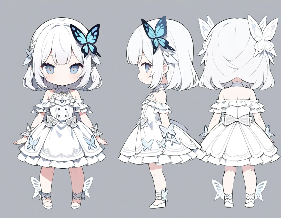 ultra-detailed, grey background, simple background, chibi, arms at sides, upright, concept art, solo, cowboy shot, full body, looking at viewer, Cute , Long white hair, Silver eye, Bare shoulder Lolita,White clothes, whole body, One person, Butterfly Hair Ornament
