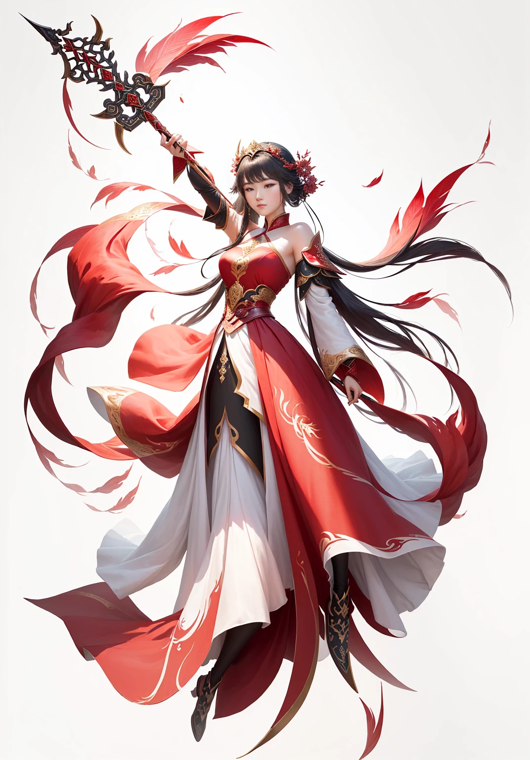 A woman in a red dress、Close-up of woman holding sword, Full body fairy, author：Yang J, Inspired by Du Qiong, G Liulian art style, Inspired by trees, Inspired by Ju Lian, Epic and beautiful character art, bian lian, by Qu Leilei, Inspired by Fenghua Zhong, Beautiful fantasy queen